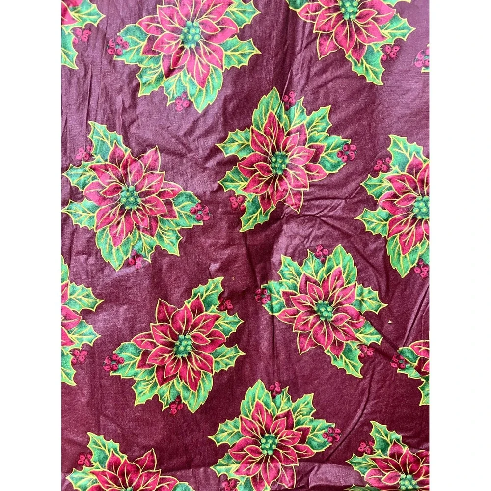 Vintage Christmas Vinyl Tablecloth Poinsettia Floral Burgundy Red Green 102x58